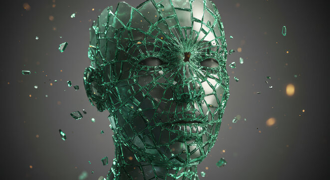 Cracked Glass Sculpture of Human Face with Fragmented 3D Abstract Art Design