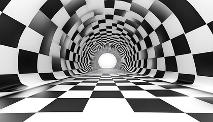 Naklejka premium Abstract black and white checkered pattern hallway. Concept of optical illusion, futuristic design, geometric shapes, visual effects. Abstract background