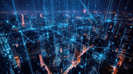 Obraz premium Night city aerial view with digital network overlay. Possible use Stock photo for futuristic cityscape, technology, innovation, urban planning, or internet of things