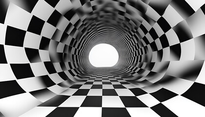 Naklejka premium Abstract black and white checkered pattern hallway. Concept of optical illusion, futuristic design, geometric shapes, visual effects. Abstract background