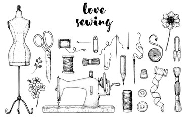 Sewing retro set. Vector hand drawn. Collection of hand drawn sewing tools. Engraved style. Sketch collection.