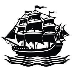 Ship silhouette vector illustration,Sailing Ship silhouette vector illustration