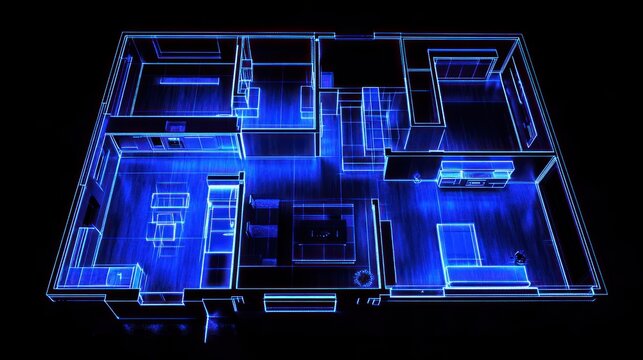 Interior Floorplan, Blue Neon Outline, Modern Home