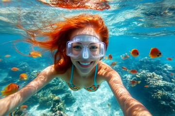 Fototapeta premium Bright commercial style image. Many tropical fish swim next to her. Relaxation in nature. A pretty and sexy happy asian young woman with red hair with a happy face snorkeling among the corals.