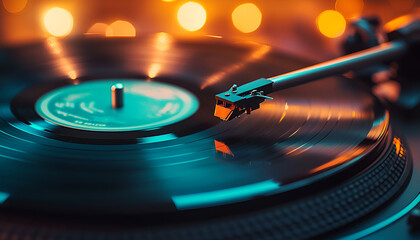 Vinyl record on a turntable with a golden hue. Detailed view of the record and stylus. Concept of high fidelity audio, vintage music experience, DJ equipment, and nostalgic sound
