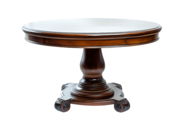 Dark Brown Round Wooden Table With Pedestal Base Isolated on Transparent Background
