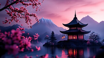 Fototapeta premium buddhist vesak celebration, buddhist temple adorned with lanterns and fragrant flowers, commemorating vesak day in a serene atmosphere