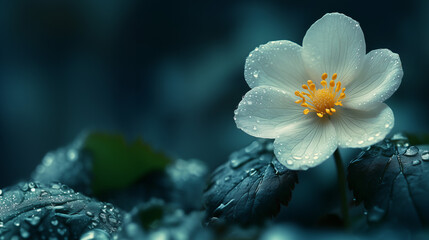 Close up of White Flower with Yellow Center and Dewdrops on Leaves in a Dimly Lit Natural Background