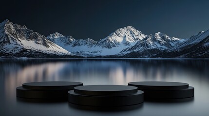 A minimalist black podium set against a stunning backdrop of snow-covered mountains and a reflective lake under a dark sky.