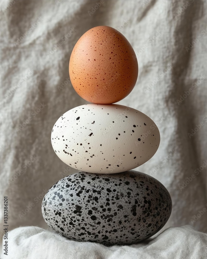 Aufkleber three beautifully arranged eggs of varying colors and patterns on a textured fabric background