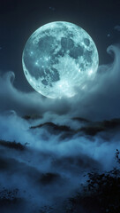 Fototapeta premium A radiant full moon illuminates a misty landscape, casting an ethereal glow on the night. The scene is serene and magical.