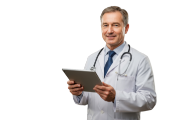 A professional doctor with a smile, holding a digital tablet in a medical environment, isolated on a transparent background.