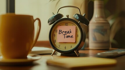 "Break Time" Sticky Note Reminder with Classic Alarm Clock Healthy Routine