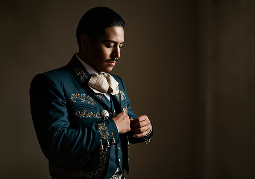 Young mariachi musician buttoning his charro suit while getting ready for a performance