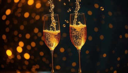 Golden champagne flutes overflowing, bubbles rising, happy, sophisticated