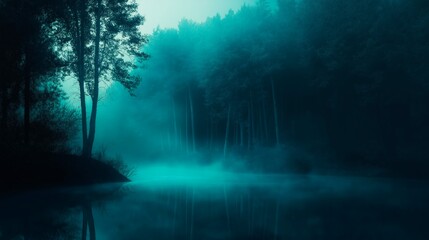 Dark blue foggy lake in the forest. Dark mysterious misty landscape. Twilight atmospheric background