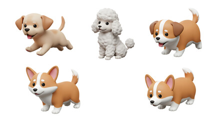 Adorable 3D Cartoon Puppies in Dynamic Poses and Colors