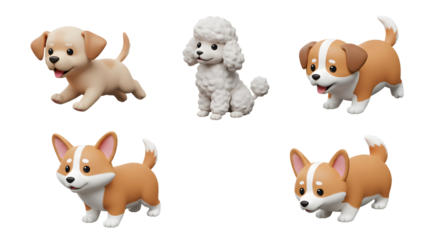 Adorable 3D Cartoon Puppies in Dynamic Poses and Colors