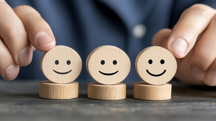 A person adjusts wooden tokens with smiling faces, symbolizing positivity and feedback, This image can be used for themes of happiness, customer satisfaction