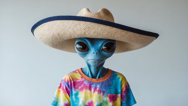 An extraterrestrial being dons a summer-ready straw hat with a striking navy blue brim, complementing its vibrant tie-dye tee.
