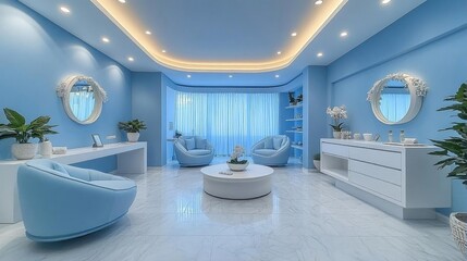 Modern light blue interior design featuring elegant furniture and natural light ambiance