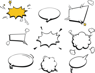 Set of colors empty comic speech bubbles a collection of colorful, empty comic speech bubbles and stickers, featuring cloud shapes, stars, and halftone effects on a transparent background. 