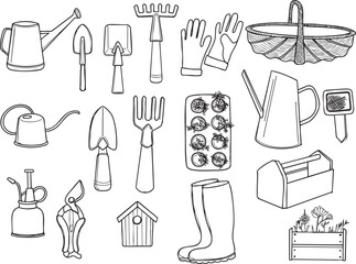 Illustration jardinage arrosoir bêche pelle râteau bottes jardinière vecteur trait noir © Fatimata