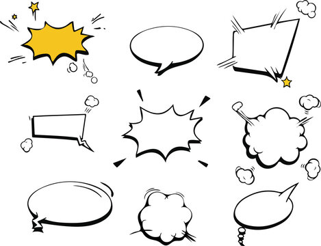 Set of colors empty comic speech bubbles a collection of colorful, empty comic speech bubbles and stickers, featuring cloud shapes, stars, and halftone effects on a transparent background. 