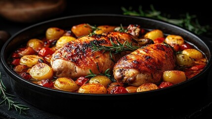Fototapeta premium Roasted chicken with vegetables served in a rustic dish, garnished with herbs on a dark background
