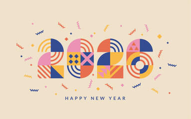 2026 New Year banner with numbers from simple geometric shapes and figures inside confetti. Template for greeting card, invitation, poster, flyer, web. Vector illustration isolated on background.