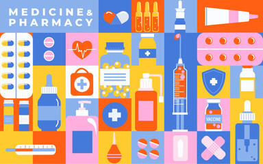 Geometric tile banner of medicine or pharmacy with simple symbols of medicines from first aid kit for medical aid. Supplement medicine concept.World Health Day. Template for banner,poster,flyer.Vector