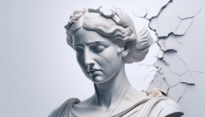 Realistic marble woman statue with cracked head isolated on white. Headache, mental health and anxiety concept