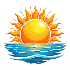 Naklejka premium A vibrant illustration of a glowing sun setting over calm waves, evoking a sense of tranquility and warmth, with bright orange and yellow hues, set against a white background.