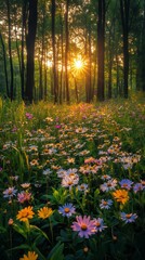 Obraz premium Vibrant Wildflowers Bloom Under Golden Sunset Rays in a Serene Forest Setting