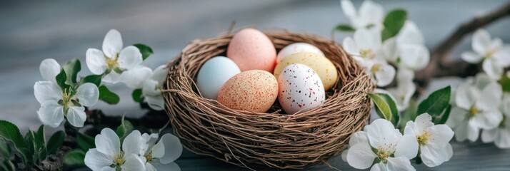 springtime celebration, birds nestled among spring blossoms evoke joy and beauty, awakening festive feelings