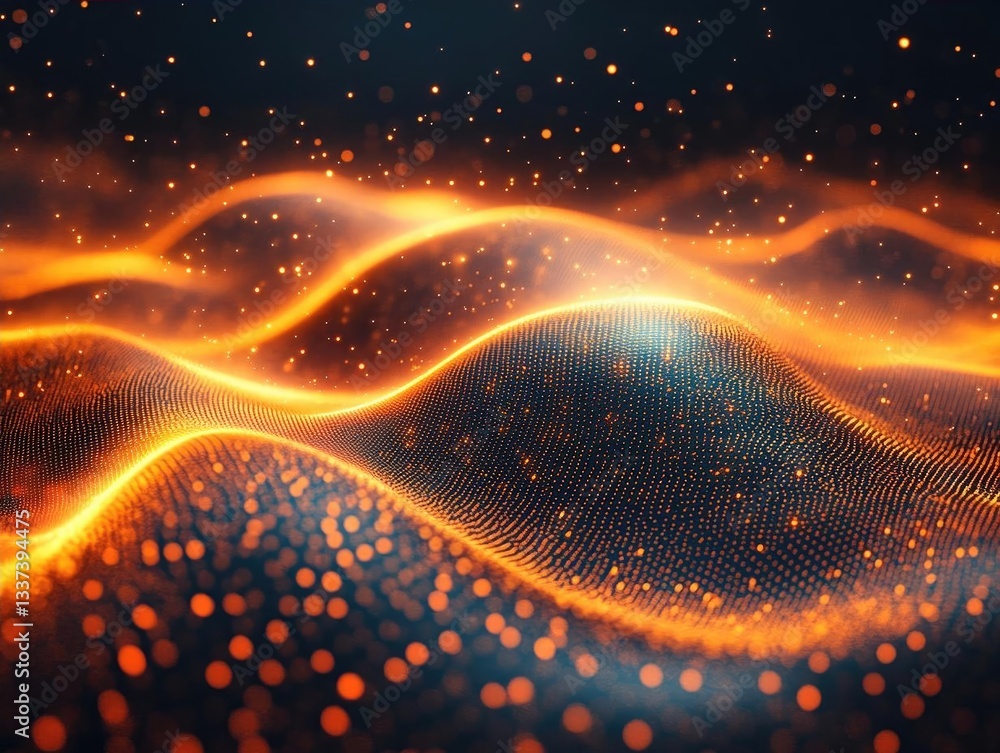 Poster abstract waves of glowing orange and blue particles create a mesmerizing visual effect