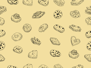 Cookies and biscuits doodle set. Chocolate Chip Cookies doodle seamless pattern.  Collection of hand-drawn pastries. Cute cookie seamless pattern background. biscuits pattern background. 