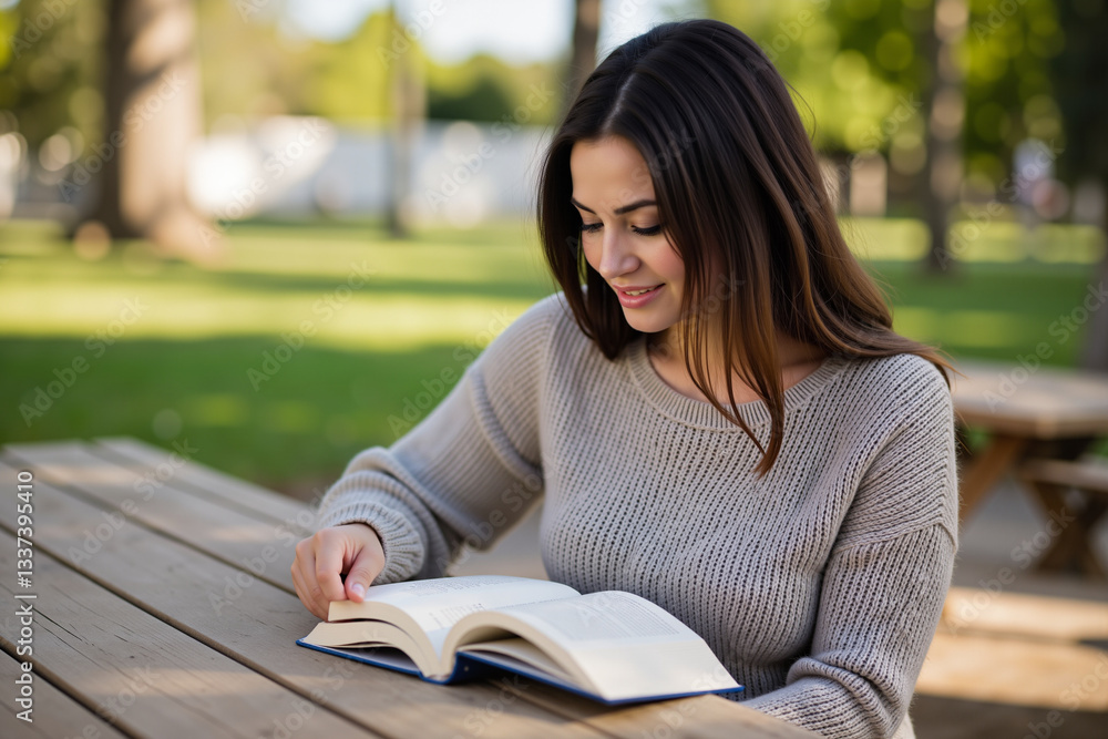 Poster smiling student enjoying reading in a peaceful park setting