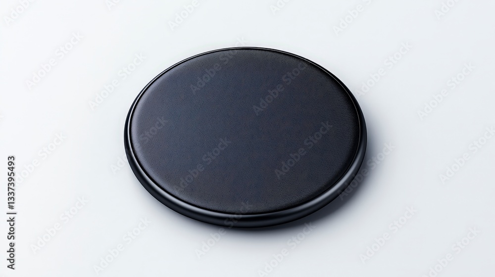 Aufkleber black circular object with a textured surface, resting on a light background.