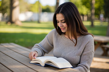 Smiling student enjoying reading in a peaceful park setting