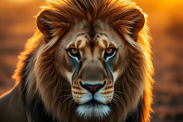 Naklejka premium Lion portrait, regal mane, piercing blue eyes, golden hour lighting, majestic, close-up, hyper-realistic, dramatic, intense gaze, orange sky background, digital art, highly detailed, cinematic,