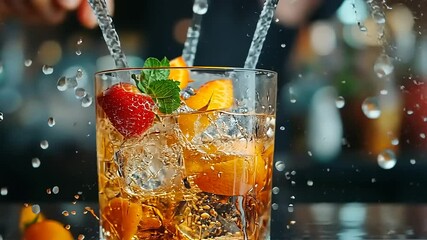 Refreshing cocktail splashing in a glass with fresh fruits and mint, set against a vibrant bar backdrop