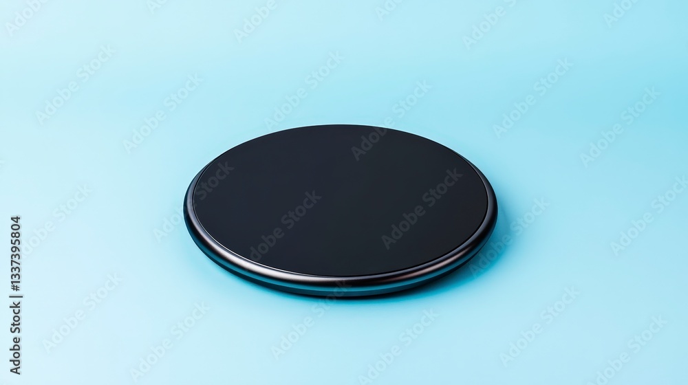 Poster black circular object on a light blue background, emphasizing simplicity and design.