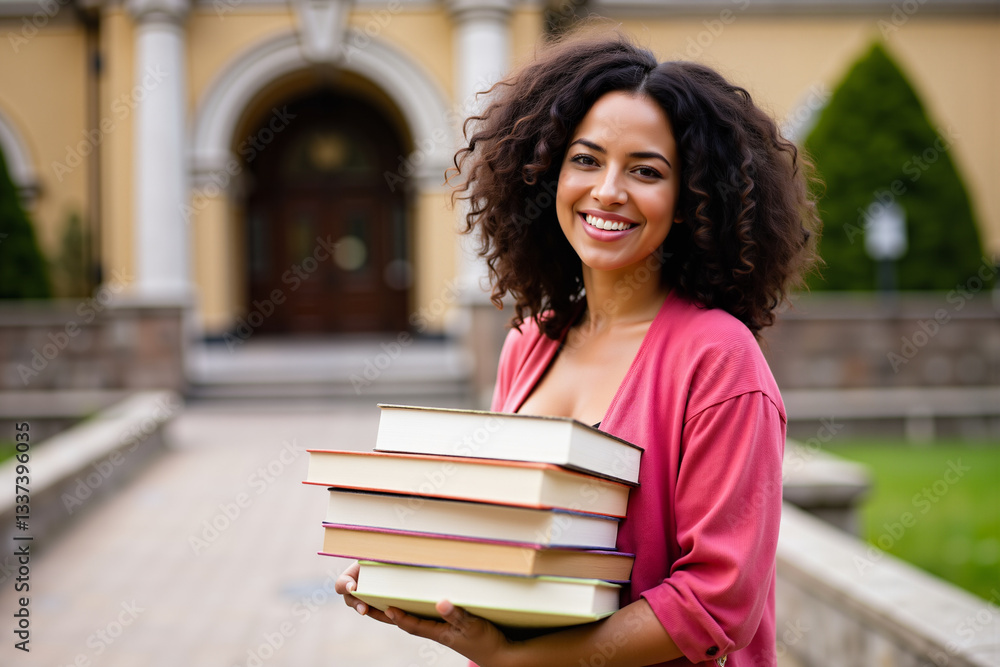 Aufkleber portrait of a smiling student holding a stack of books in front of university building