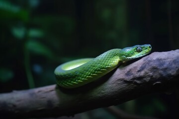 Emerald Serpent: A vibrant green snake is coiled elegantly on a tree branch. The snake is perfectly positioned, and its gaze adds to the natural, untamed feeling of the scene.