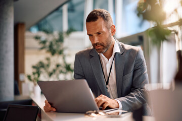 Mid adult businessman working on laptop in office.