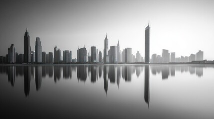 Fototapeta premium Grey city skyline reflected in calm water