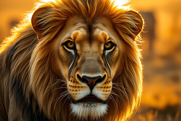 Fototapeta premium majestic lion portrait, golden hour lighting, intense gaze, detailed fur texture, close-up shot, vibrant orange background, ethereal atmosphere, high contrast, dramatic shadows, wildlife photography, 