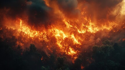Fototapeta premium natural disaster wildfire, a thick forest ablaze with intense orange flames and billowing smoke from a dense wildfire