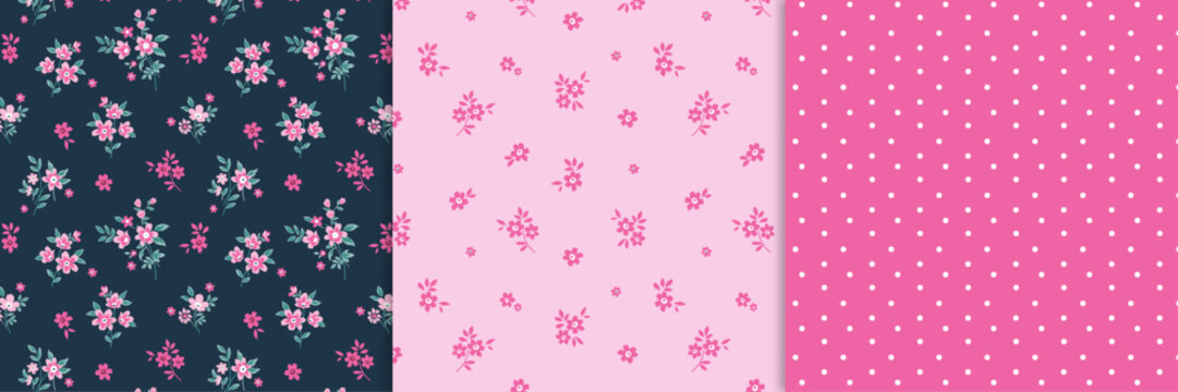 pink floraland collection set of three prints of ditsy floral seamless patterns